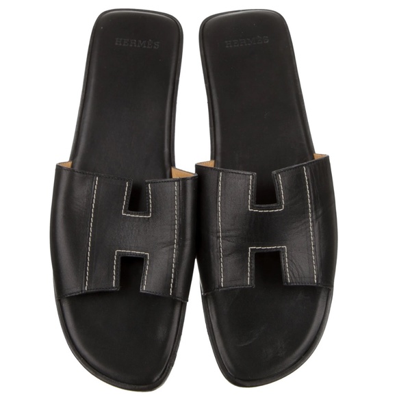 Hermes Black Leather Slide Sandals 41 Contrast Stitching Authentic - Picture 1 of 9